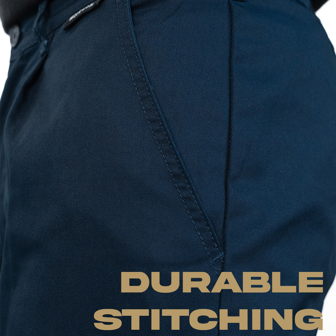 Close up of the pocket stitching on the navy work trouser