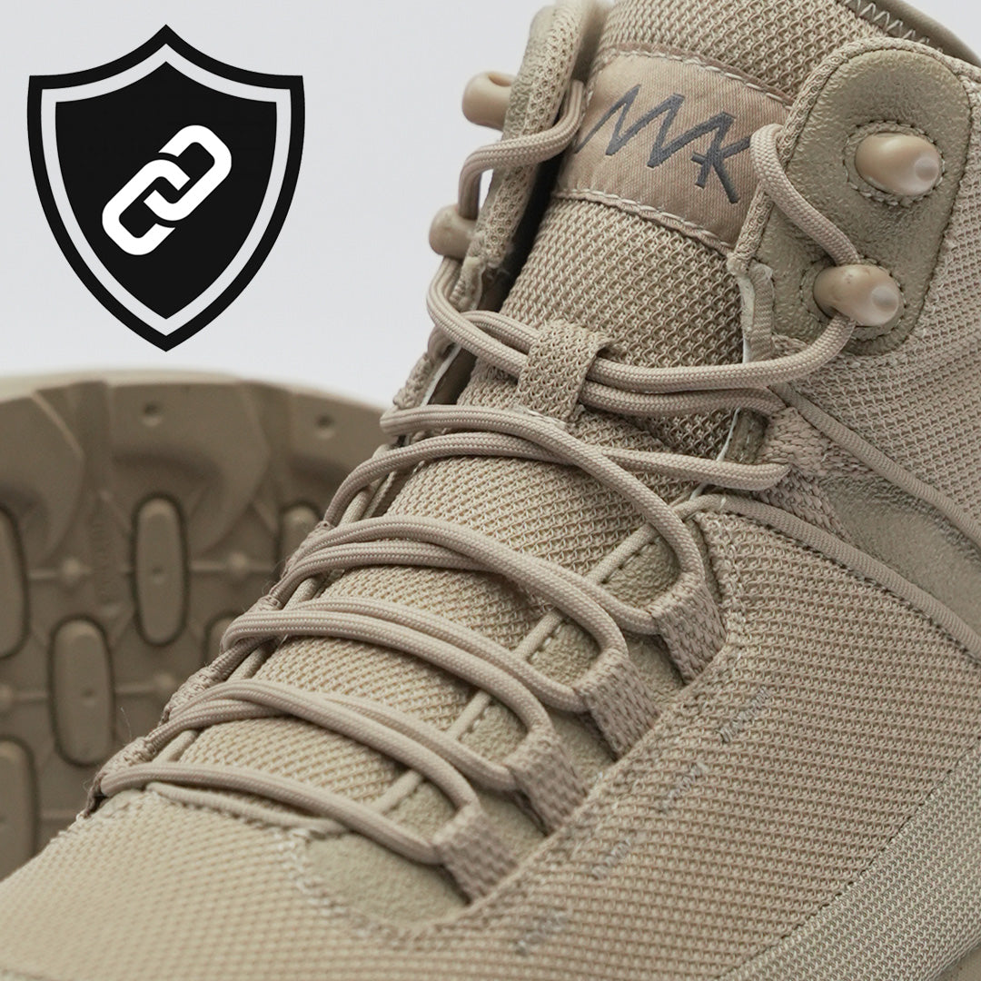 Delta X desert tan. Front view. Showing textile materiel that makes the combat show durable 