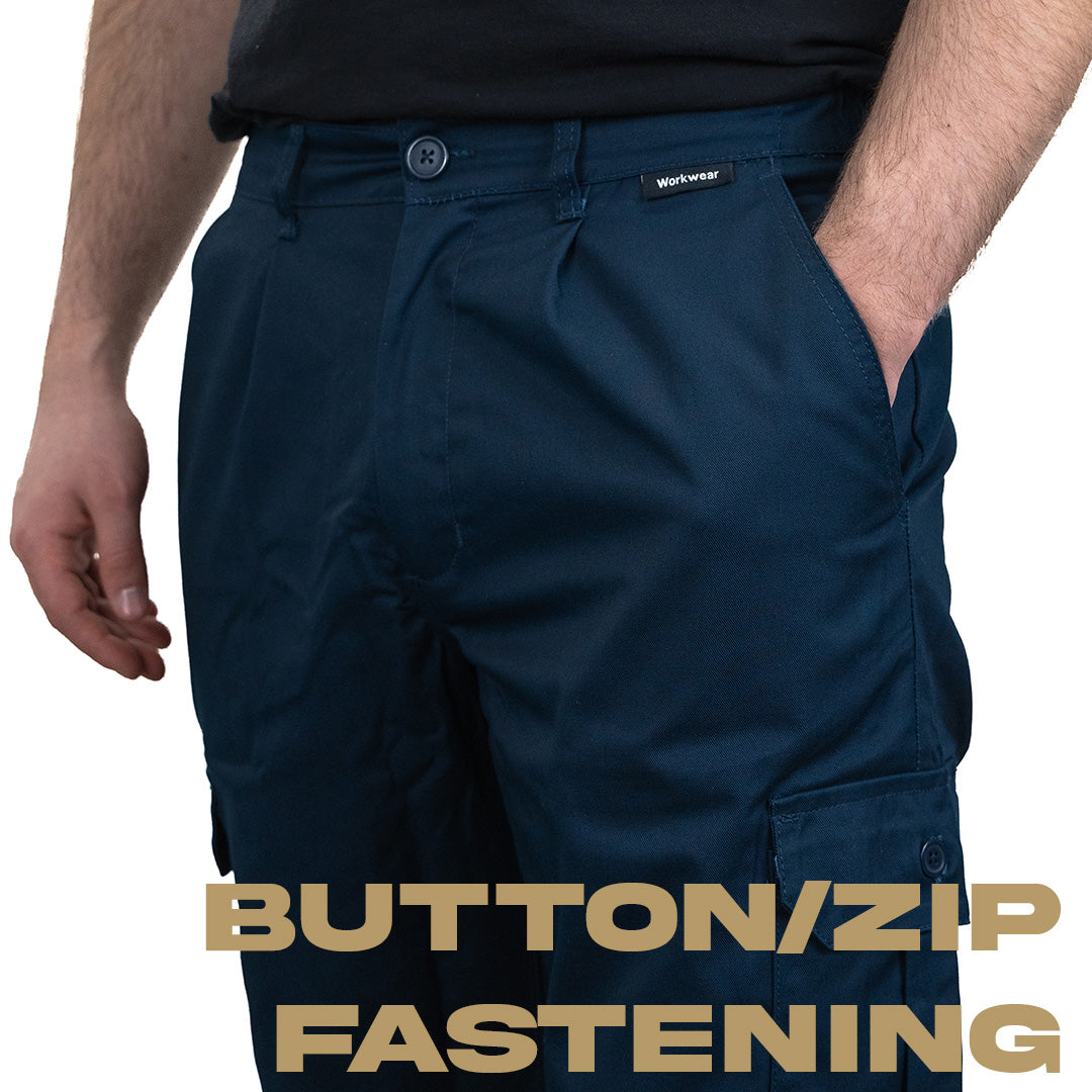 Picture of model wearing navy work trousers 