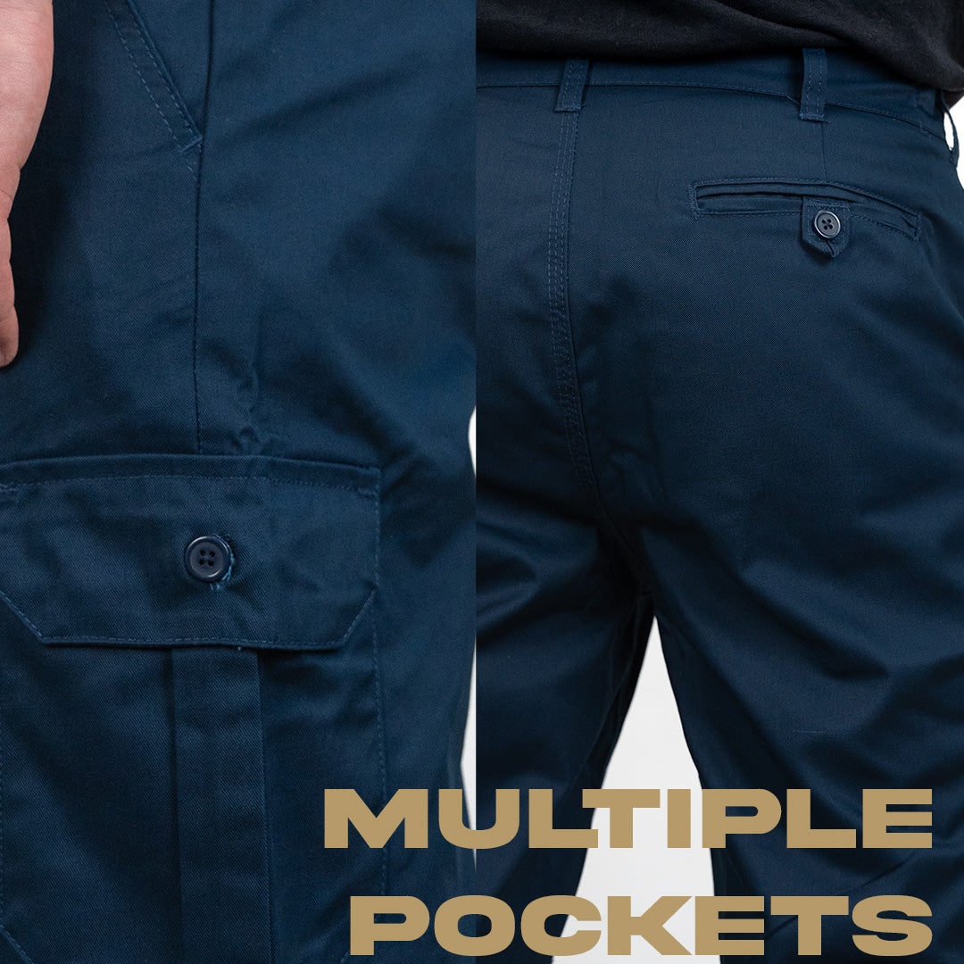 Close up of navy work trouser pockets back and side views 