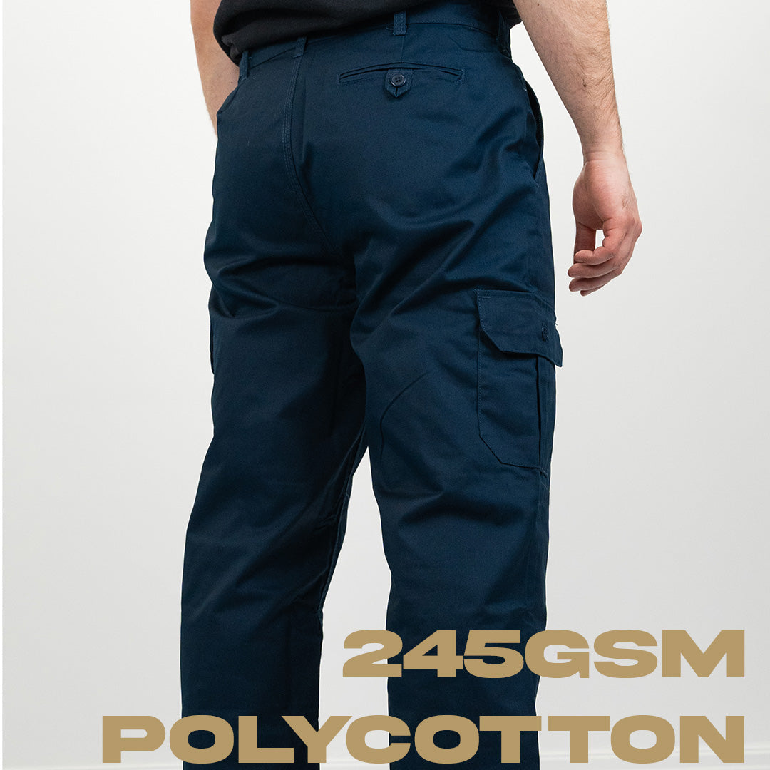  Model from behind wearing blue construction work trousers  