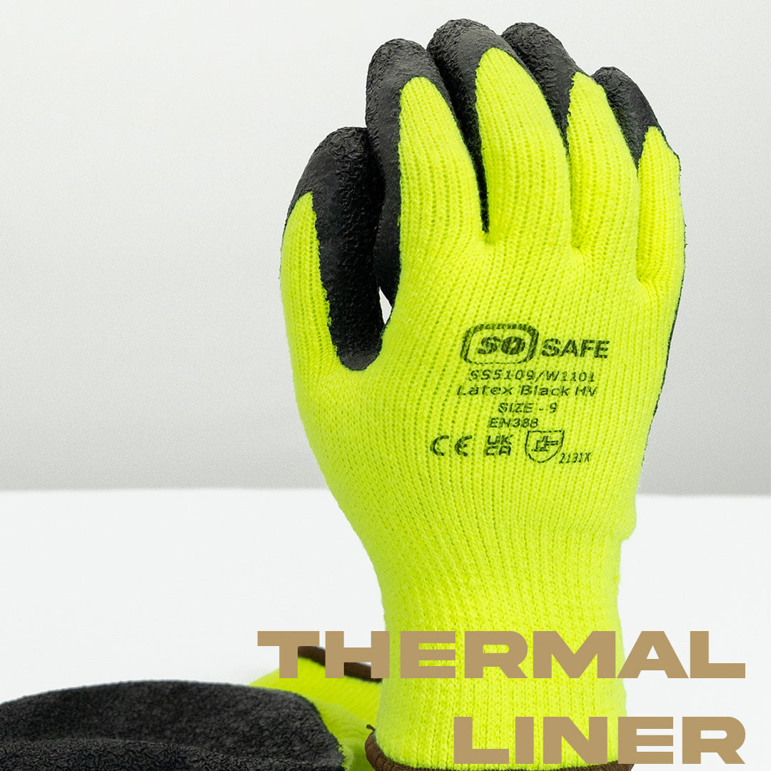 Close up of the thermal liner on the hi vis latex glove